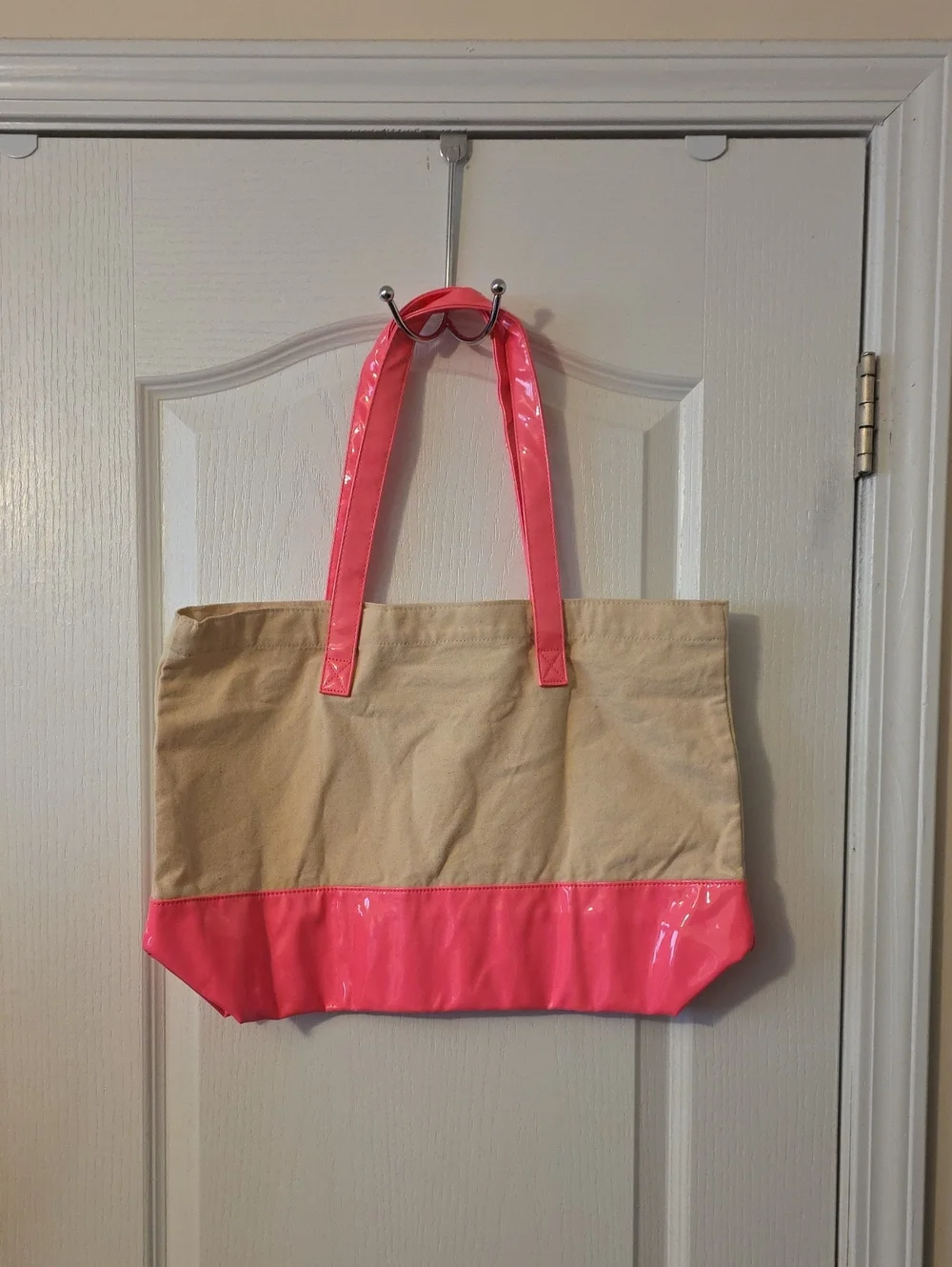 Victoria's Secret Beige Canvas Tote with Bright Pink Trim